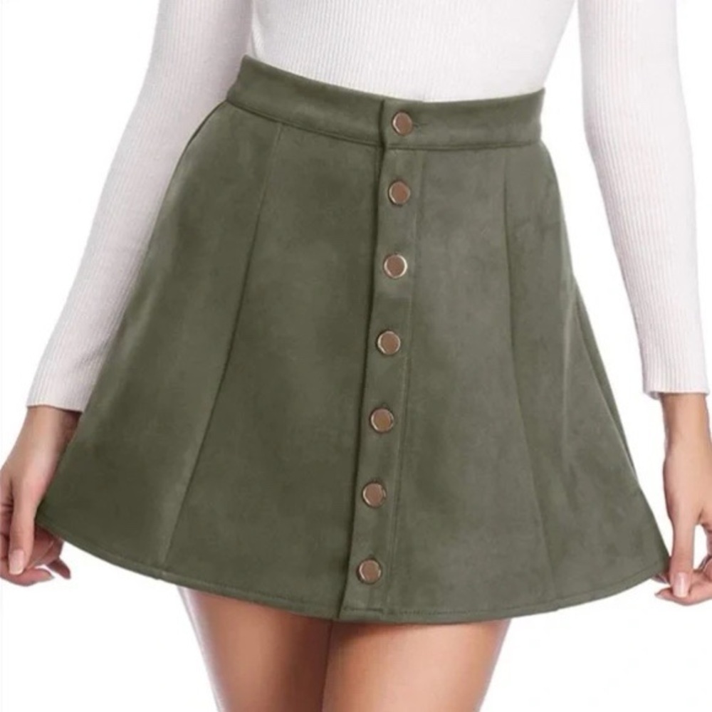 NWT Olive Green Faux Suede Button Front A-Line Mini Skirt XL